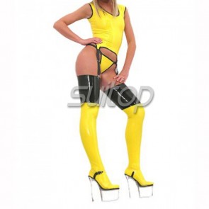 Suitop popular women's rubber latex whole set including tops,briefs and stockings main in yellow and black trim color