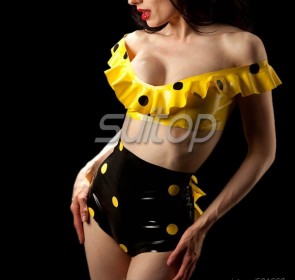Suitop new arrivals women's rubber latex yellow tops and black high-waisted shorts
