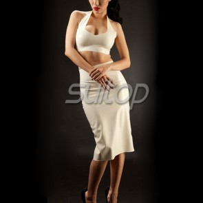 Sexy rubber latex dress set includes vest tops and tight skirt with back zip in white color for women