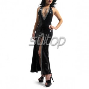 Sexy rubber latex halter sleeveless slit long dress in black color for women