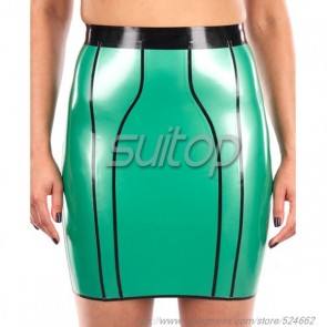 Suitop natural rubber latex short skirt with back zip in metallic green color for women