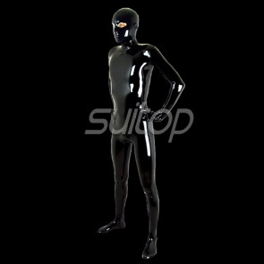 latex zentai full cover catsuit with feets gloves mask attached back zip throgh crotch in black
