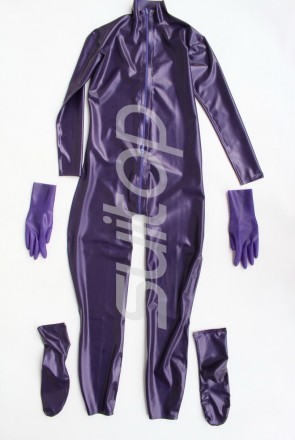 Hot selling rubber latex full cover zentai with hood(open hole) and gloves attached back zip to lower abdomen for women 