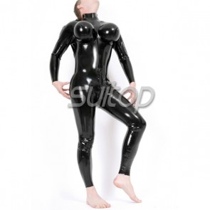 Suitop new arrivals rubber latex men's male' fetish catsuit with inflatable breast in black color fetish
