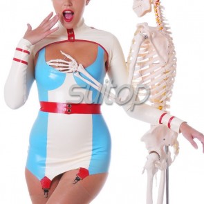Suitop sexy women's rubber latex tight blue vest uniform dress with white tops 
