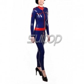 Suitop women's sexy rubber latex military uniform catsuit with front red zip in dark blue color