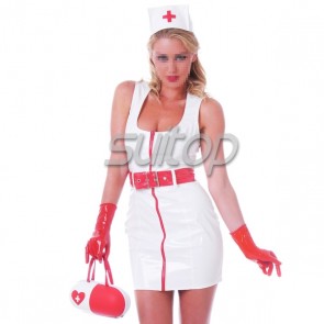 Suitop sexy women's rubber latex vest uniform dress attached red zipper with hat,belt and gloves in white color