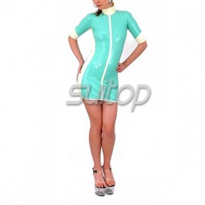 Sexy rubber latex candy half sleeve mini dress with back zip for female