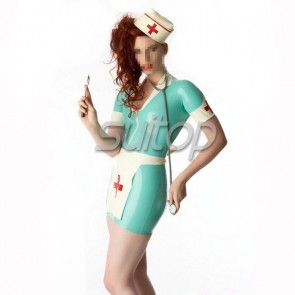 Suitop women's sexy rubber latex tight nurse uniform dress in green color