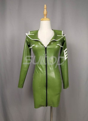 Women's latex  army uniform short dress front zipper welt fake pocket epaulette army green white CATSUITOP 