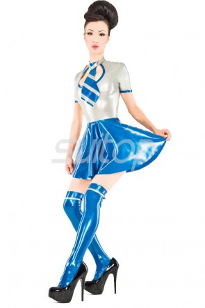 Suitop lovely rubber latex school girl uniform dress attached tie with back zip in metallic gray and blue color