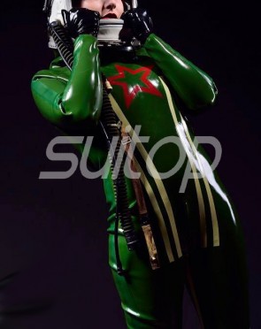 Suitop sexy women's rubber latex military uniform catsuit in green color