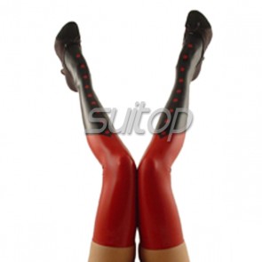 Women latex rubber long stocking in black and red color