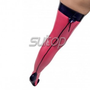 Women latex rubber long stockings in red color