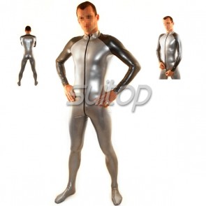 Suitop men's rubber latex fetish catsuit with feet attached front zip to back waist main in metallic gray color