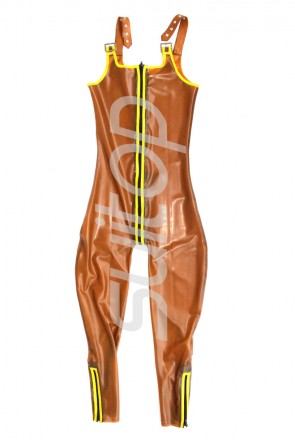 Suitop men's rubber latex fetish catsuit with straps attached front zip to back waist in yellow color