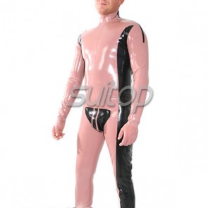 Pink heavy latex catsuit sexy codpiece bodysuit with two zip
