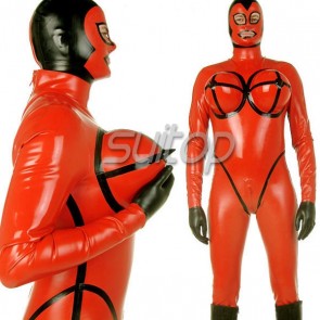 Red men's latex full body inflatable catsuit with hoods