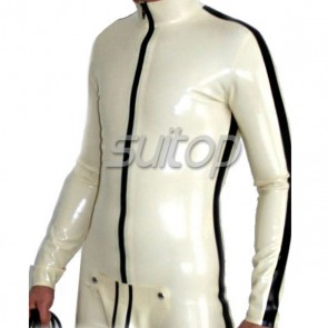 Suitop men's rubber latex classical fetish catsuit with black zipper in white color 