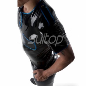 Suitop new item men's rubber latex short sleeve tight t-shirt in black color
