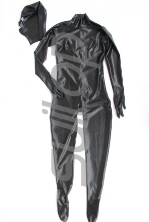 Latex full cover bodysuit with breast zip the hood is not attached, and the zipper is opened to the lower abdomen