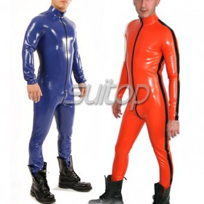 Suitop men's rubber latex classical fetish catsuit with black zipper in blue color