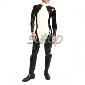 Suitop men's rubber latex classical fetish catsuit with black zip to crotch main in white color