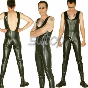 Suitop hot selling men's rubber latex sleeveless catsuit in black color