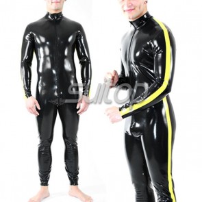 Suitop men's rubber latex classical catsuit with front zip and yellow trim main in black color