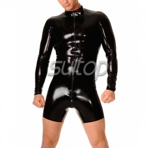 Black color rubber latex long sleeve leotard jumpsuit with front zip for men