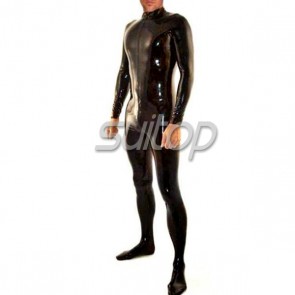 Suitop men's rubber latex classical catsuit with feet attached front zipper to waist in black color
