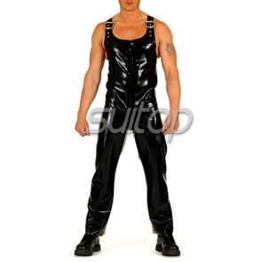 Suitop men's rubber latex classical catsuit with straps attached front zip in black color