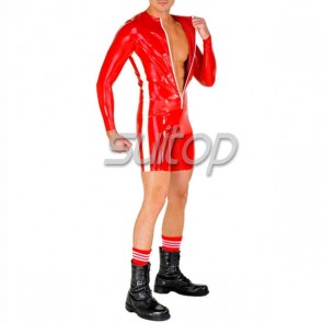 Men's rubber latex long sleeve leotard jumpsuit with front zip in red color