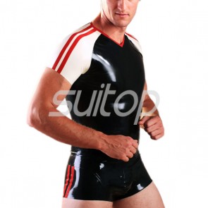 Suitop hot selling man's rubber latex uniform including top and short in black color