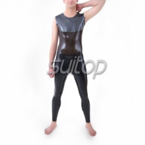 Suitop super quality rubber latex men's male's tight vest tops and pants in black color