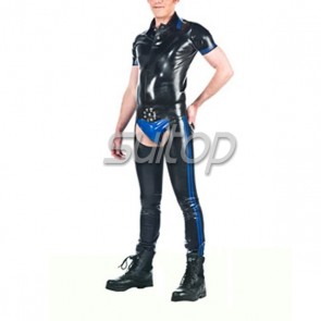 Rubber latex chaps jeans for men sexy pants for adult exotic in black and blue trim