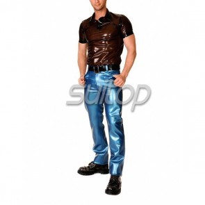 Men's latex Trousers rubber jeans in Metallic blue