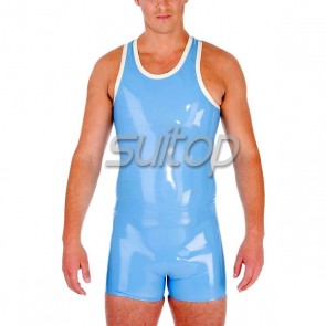 Suitop new arrivals rubber latex men's male's vest and shorts main in blue and white trim color