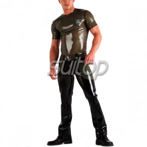 Men's sexy latex pants rubber jeans in main black and army green trim 