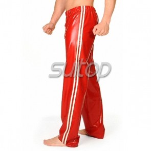 Men's sports latex trousers rubber pants in red and white trim