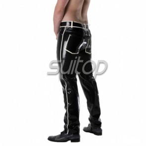Men's latex rubber jeans Casual trousers in black and white trim