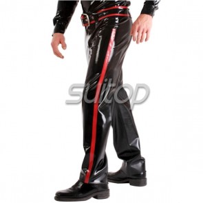 Sexy Men's latex rubber jeans Casual trousers in black and Red trim with belts