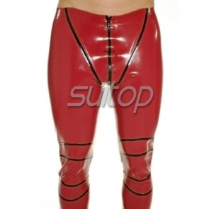 Rubber latex legging  sexy pants with whole crotch zip in red and black trim for men 