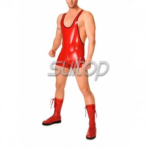 Suitop hot selling rubber latex men's male's body & leotard with crotch zipper main in red and black trim color