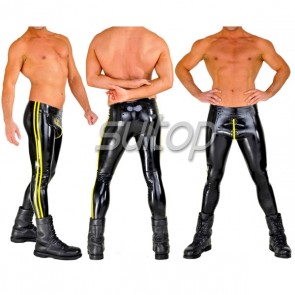 Men's sexy latex pants rubber legging in main black and yellow trim wtih front zip Metallic glod real photo