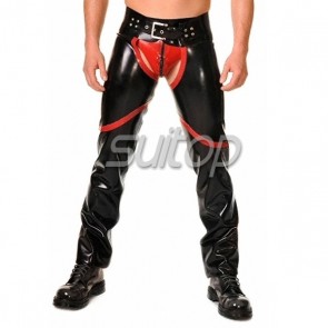 Suitop men's sexy rubber latex black trousers with red t-back