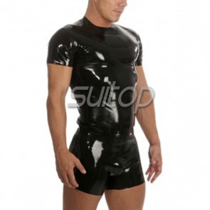 Suitop men's rubber latex short sleeve tight t-shirt in black color