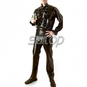 Suitop men's rubber pants latex trousers with two zip front in black color