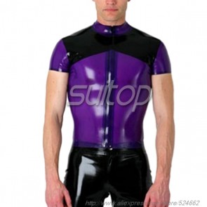Suitop fashion men's rubber latex short sleeve tight t-shirt with front zip in transparent purple and black trim color