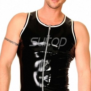 Suitop fashion men's rubber latex tight vest with front zip in black color